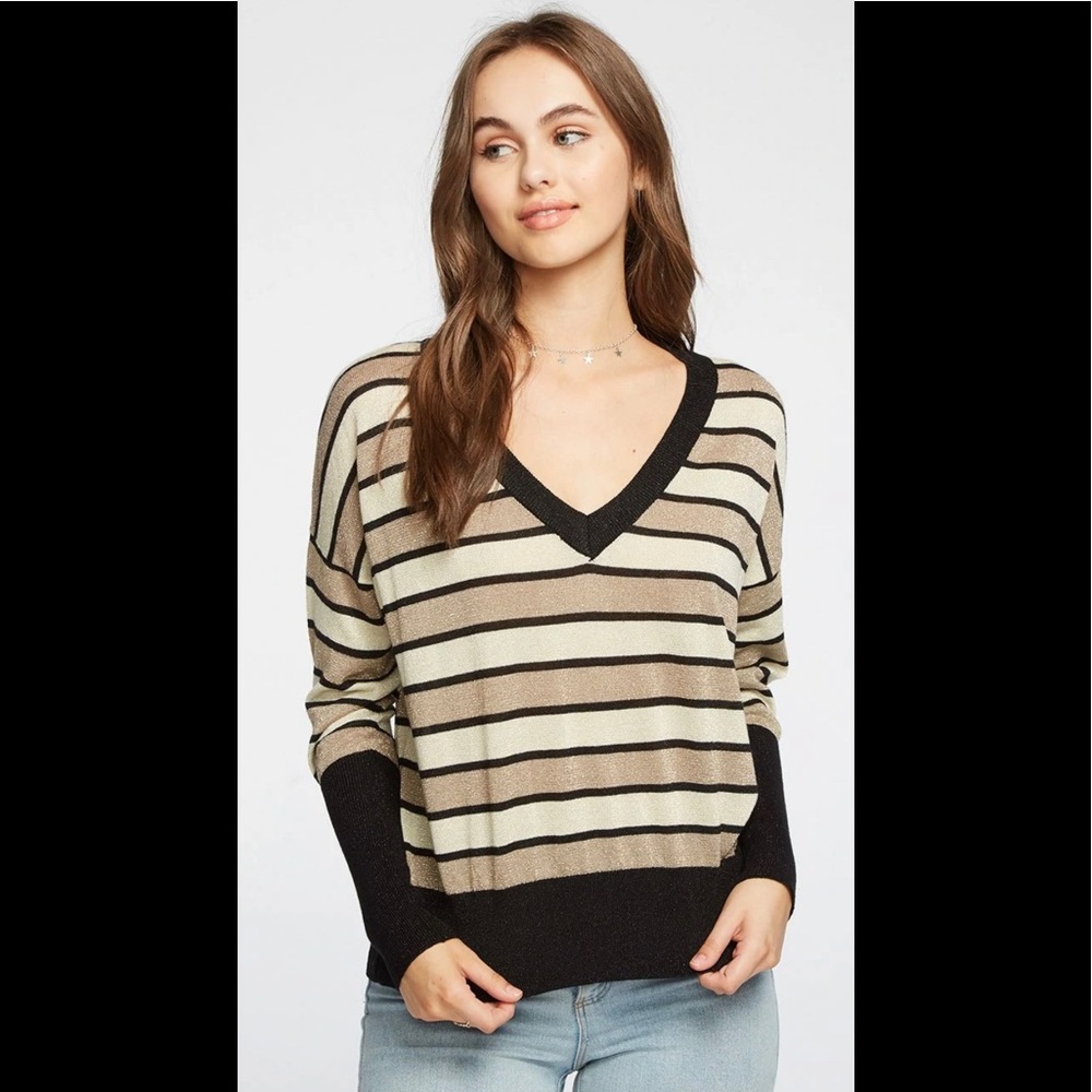 Evereve Chaser Lurex black gold Metallic Stripe Sweater NWT’s Size Small